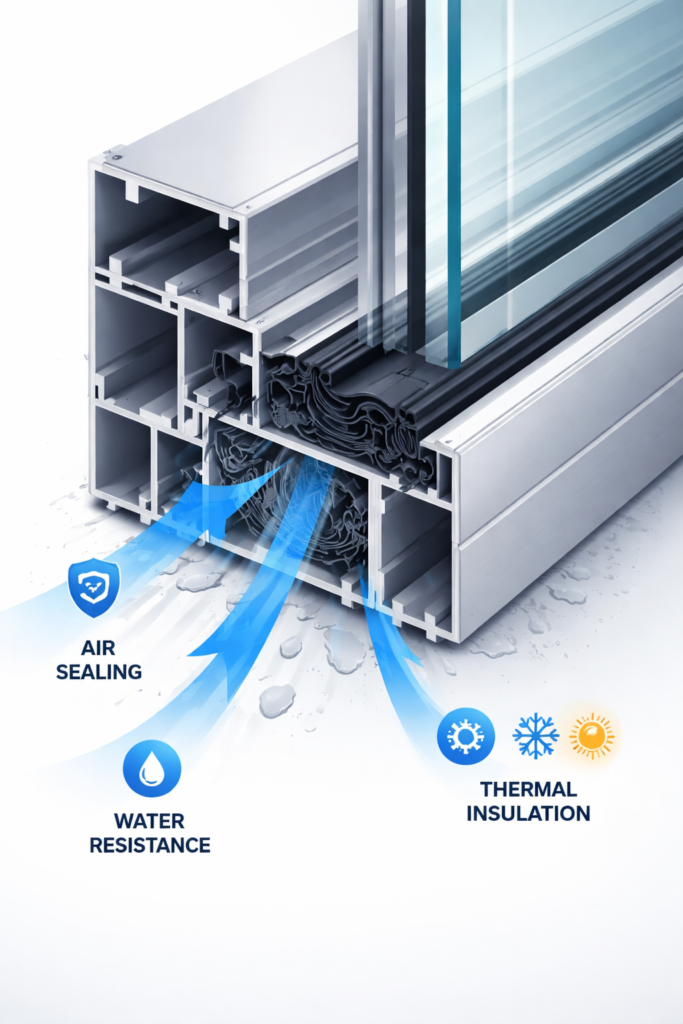 Aluminium facade system cross section showing EPDM rubber gasket for air sealing, water resistance, and thermal insulation