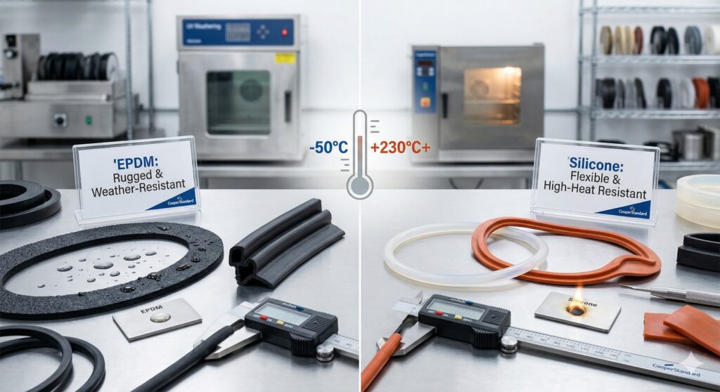 EPDM vs silicone rubber comparison showing weather resistance and high-heat performance.