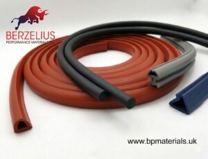 An image featuring various extruded rubber or silicone profiles and seals in different shapes . The top left corner displays the Berzelius Performance Materials www.bpmaterials.uk
