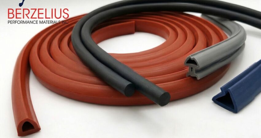 An image featuring various extruded rubber or silicone profiles and seals in different shapes . The top left corner displays the Berzelius Performance Materials www.bpmaterials.uk