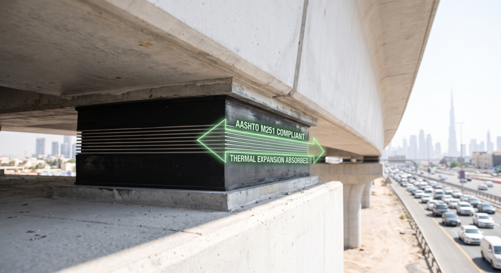 Steel-laminated elastomeric bridge bearing pad installed beneath a concrete bridge girder to accommodate thermal expansion, heavy traffic loads, and structural movement in Middle East infrastructure projects.