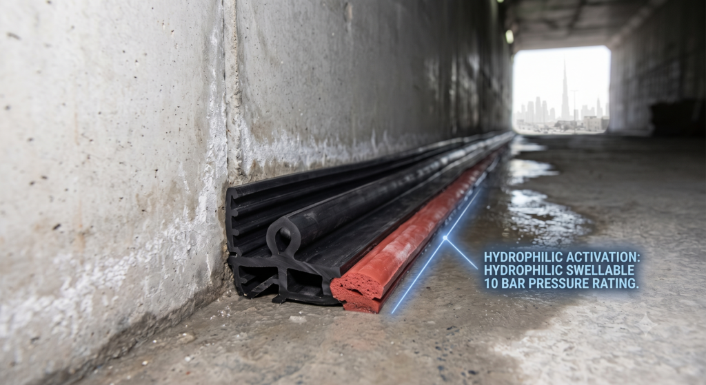 Hydrophilic swellable rubber waterstop and vulcanized EPDM waterstop installed in reinforced concrete joints for waterproofing basements, tunnels, and marine structures in the Middle East.