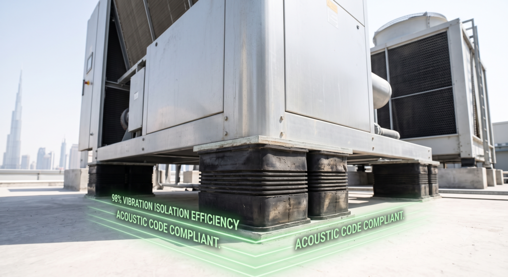 Heavy-duty anti-vibration rubber mounts installed beneath rooftop HVAC equipment to reduce structural vibration and mechanical noise in luxury commercial buildings across the Middle East.