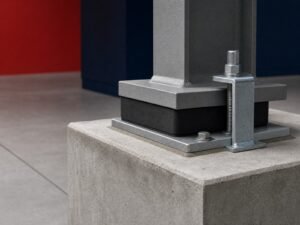 Elastomeric neoprene support pad on a concrete plinth with steel plate and restraint clamp under a steel member.