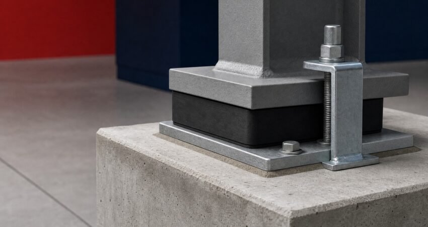 Elastomeric neoprene support pad on a concrete plinth with steel plate and restraint clamp under a steel member.