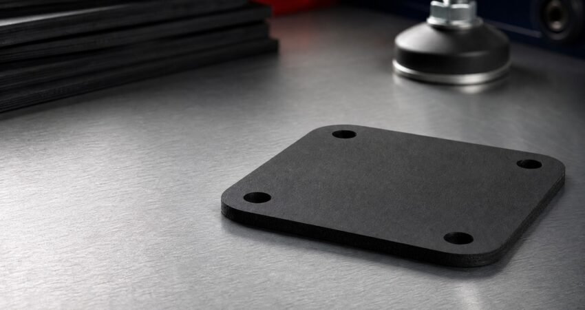 Matte black precision-cut neoprene pad on an industrial workbench with rubber sheets and an isolation mount in the background.