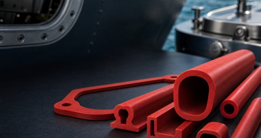 Red silicone gasket and profile samples on a dark technical surface with subtle aircraft access-panel and marine-equipment cues in the background.