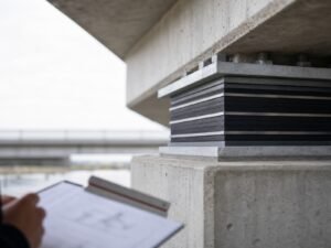 Steel-reinforced laminated elastomeric bridge bearing between a concrete girder and pier cap, with a blurred calculation sheet in the foreground.