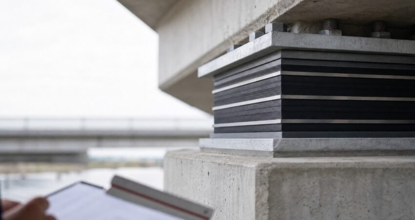 Steel-reinforced laminated elastomeric bridge bearing between a concrete girder and pier cap, with a blurred calculation sheet in the foreground.