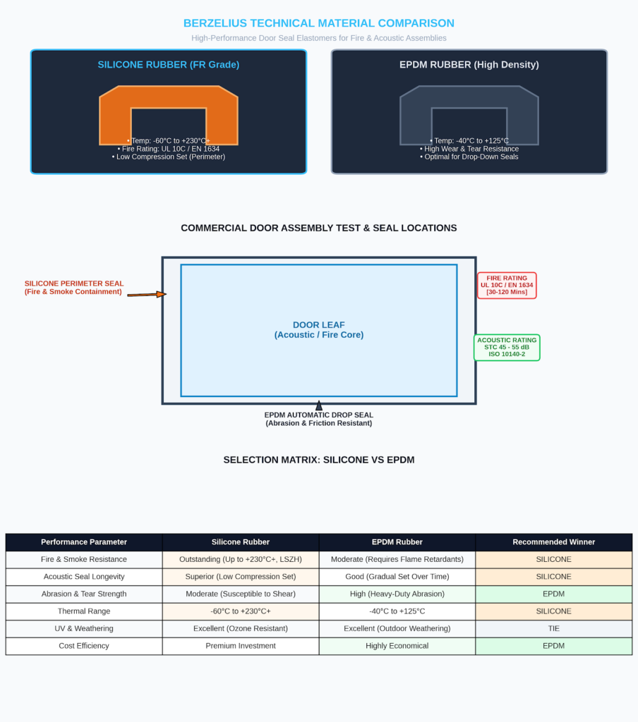 Berzelius technical material comparison of silicone rubber and EPDM rubber for fire and acoustic door seals, showing performance, temperature range, and seal locations.