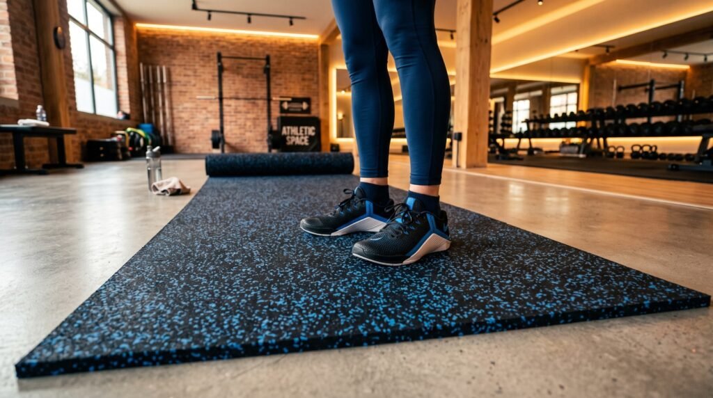 Commercial gym rubber flooring tiles for shock absorption and heavy equipment protection